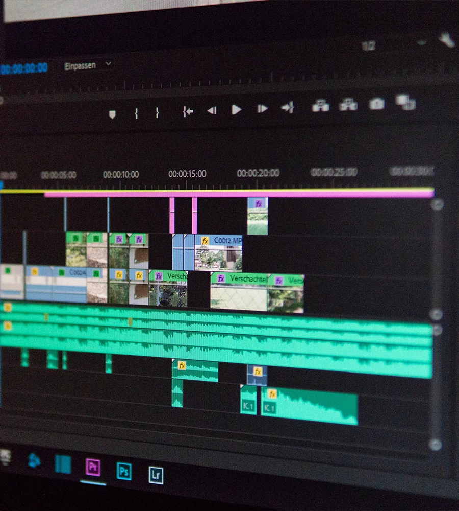 Sections of a video positioned by time in a video editing program.