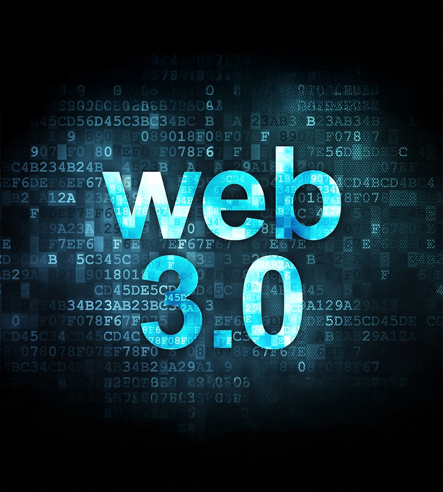 Blue themed display with hexadecimal numbers on the background and "Web 3.0" text on the foreground.